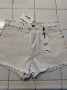 Wrangler White Frayed-Hem High-Rise Denim Shorts